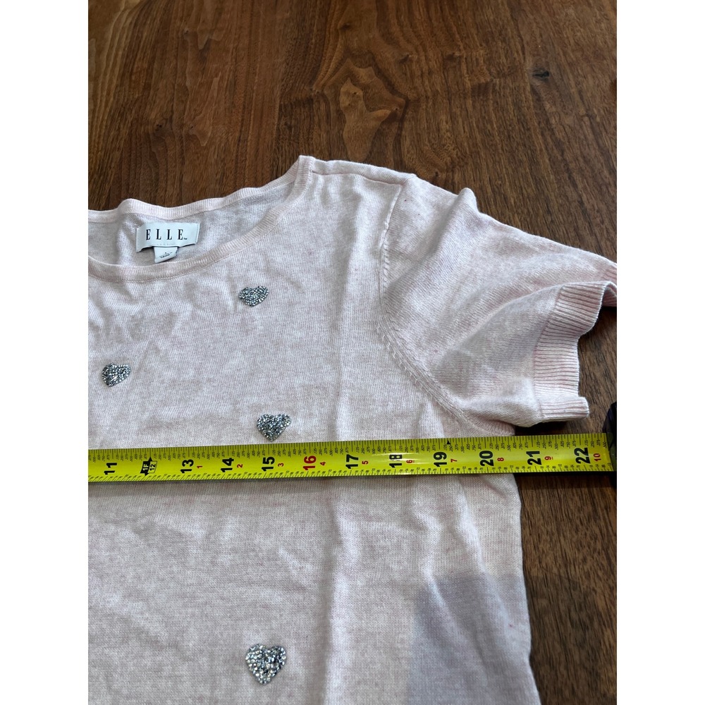 Elle Womens Pink Short Sleeve Knit Sweater Silver‎ Rhinestone Hearts Top Large - Picture 7 of 8